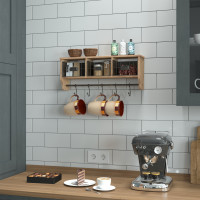 Flash Furniture HFMHD-GDI-CRE8-902315-GG Daly Wall Mounted 24 Inch Solid Pine Wood Storage Rack with Upper Shelf, 5 Hooks, Wire Baskets For Entryway, Kitchen, Bathroom in Rustic Brown